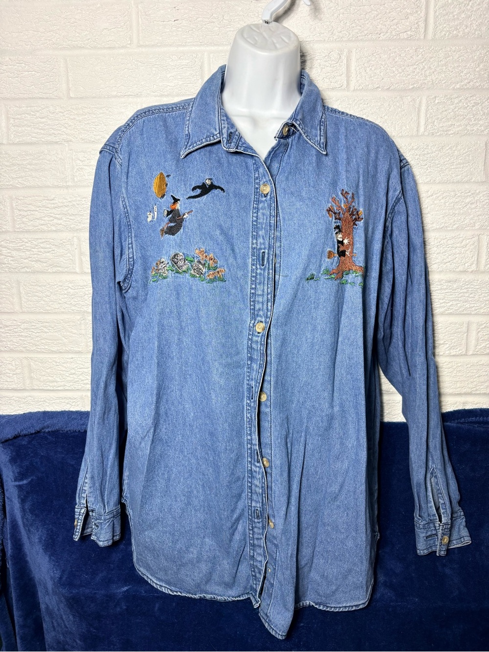 Vintage Halloween Cabin Creek Light Blue Embroidered Denim Button-Up Shirt